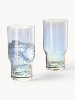 Bicchieri da long drink in vetro soffiato con millerighe iridescenti Juno, set da 4