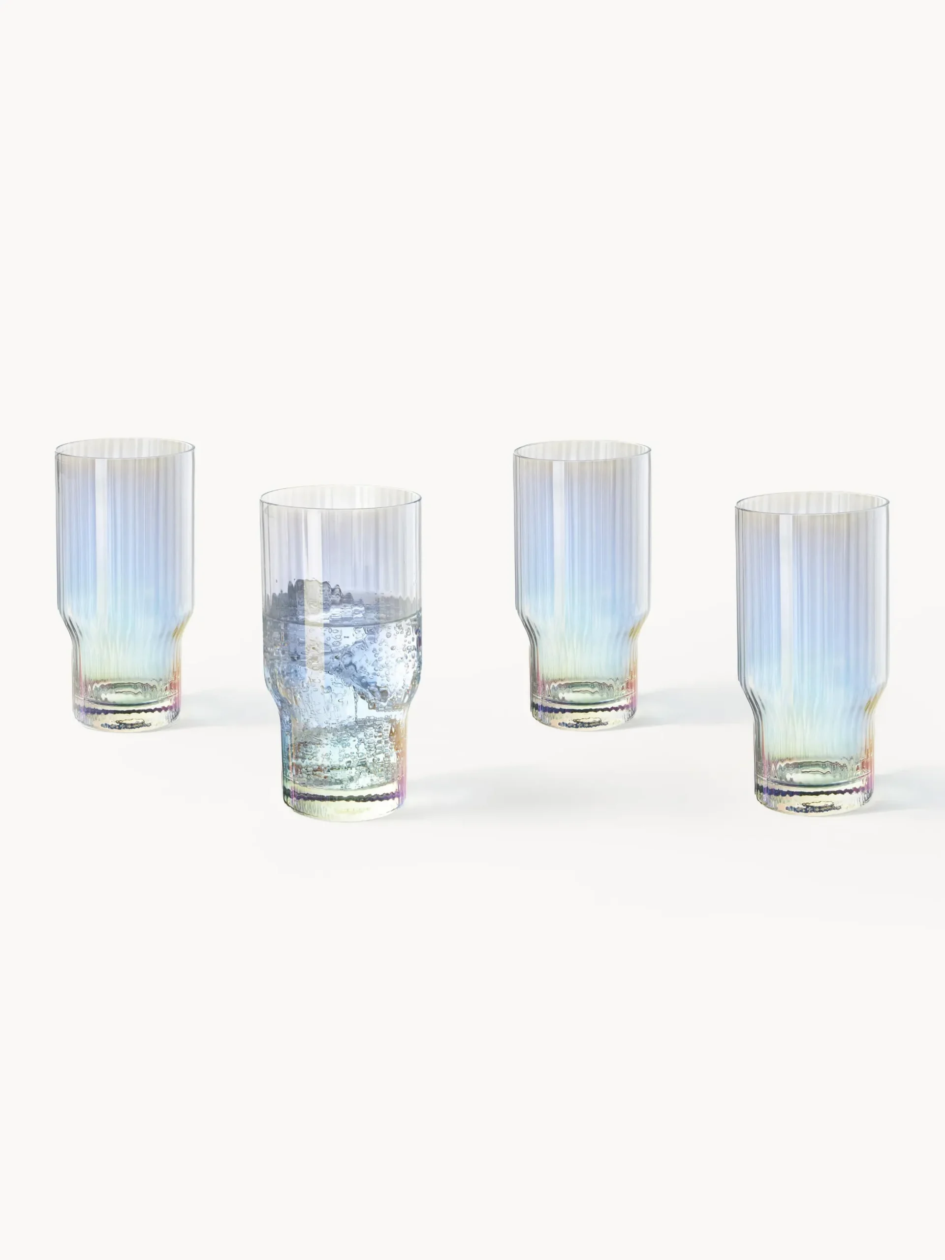Bicchieri da long drink in vetro soffiato con millerighe iridescenti Juno, set da 4