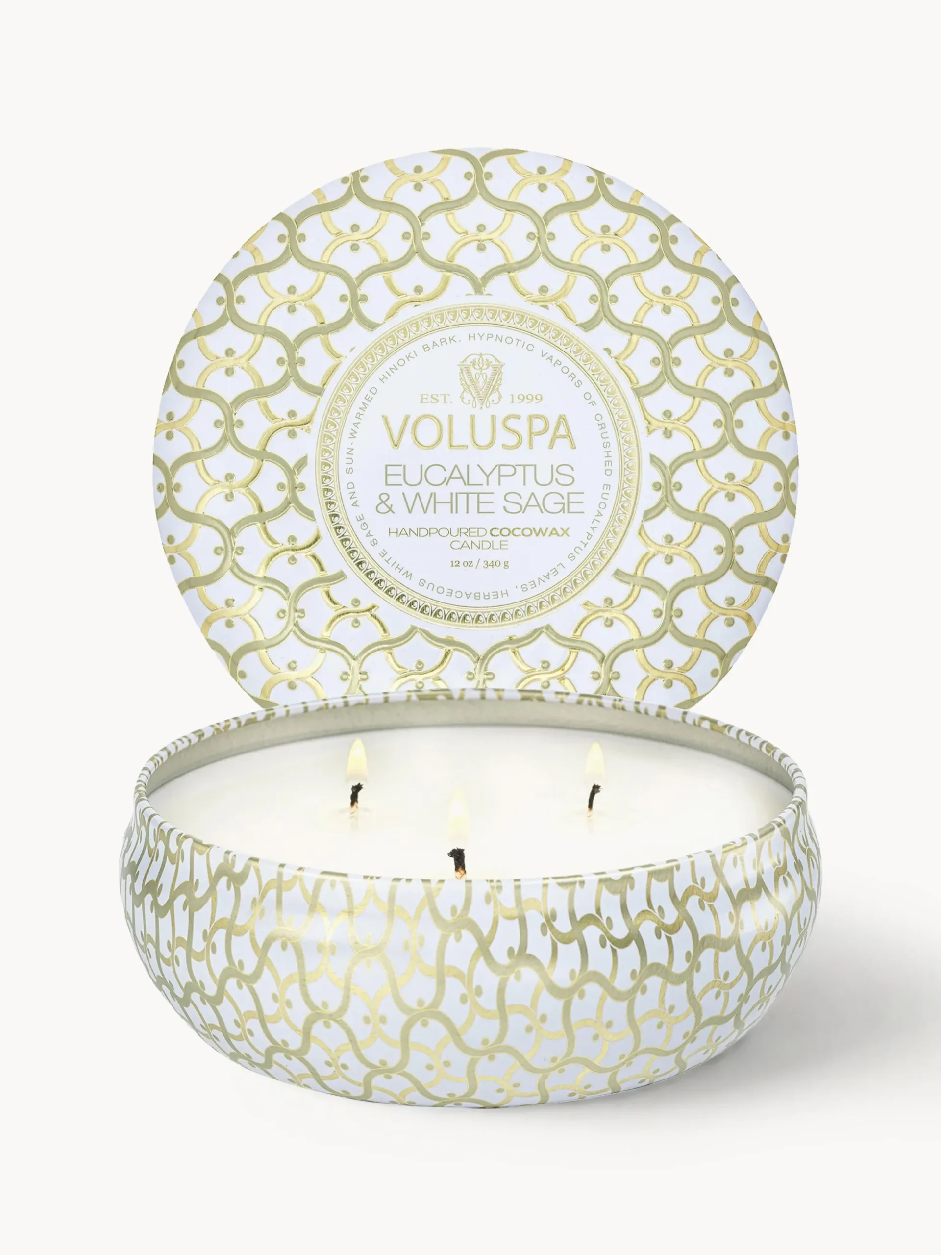 Candela profumata con tre stoppini fatta a mano Maison Blanc (eucalipto, cardamomo, salvia e corteccia di hinoki)