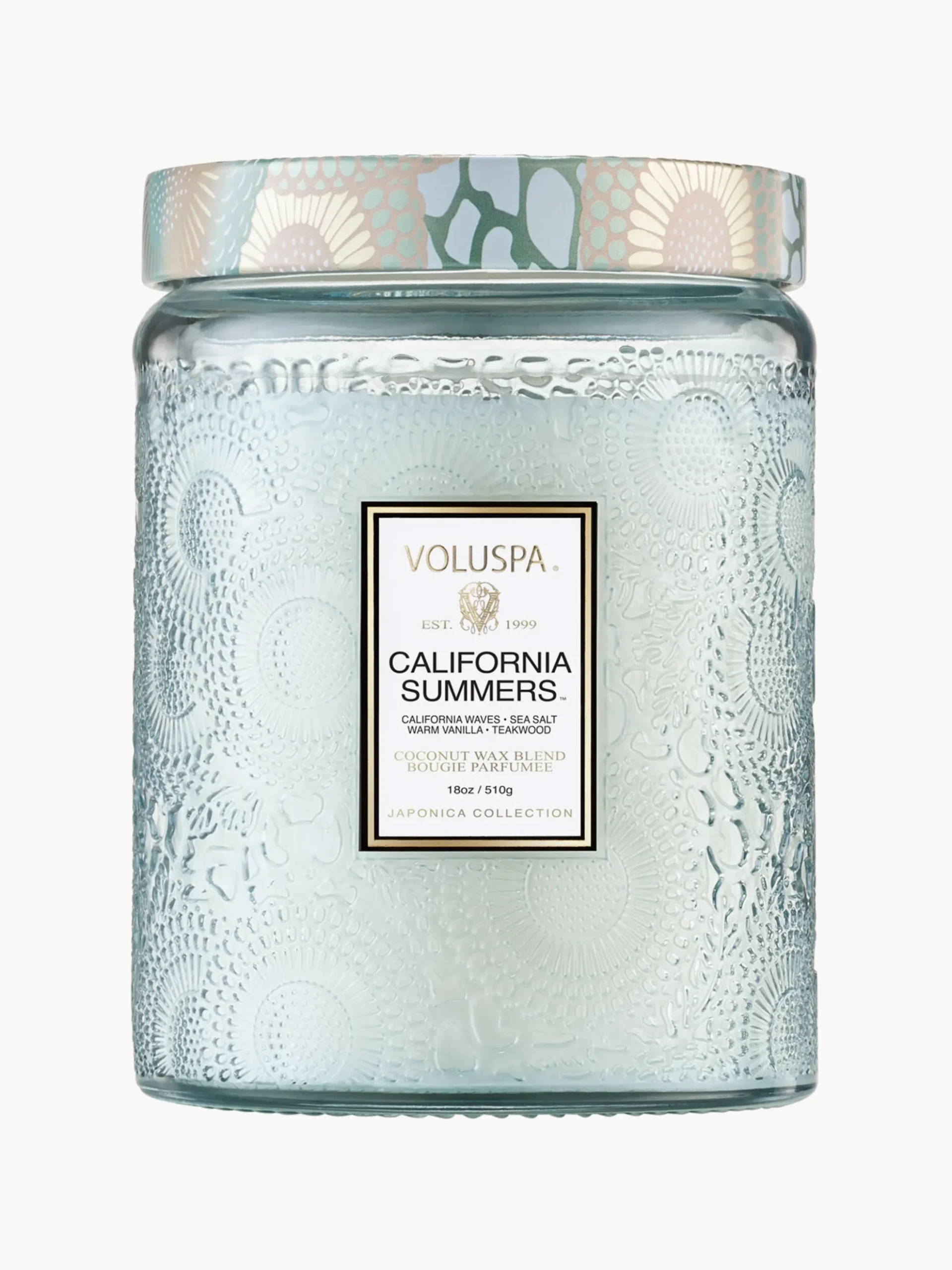 Candela profumata fatta a mano California Summers (sale marino, vaniglia calda, legno di teak)