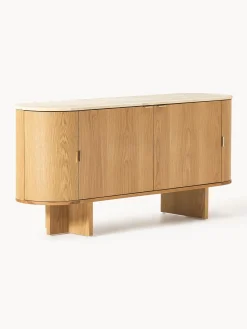 Credenza in legno con angoli arrotondati e piano in travertino Zumi