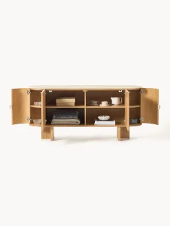 Credenza in legno con angoli arrotondati e piano in travertino Zumi
