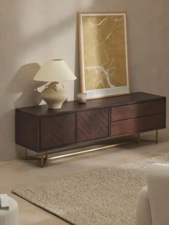 Credenza bassa in legno di mango con motivo a spina di pesce Luca