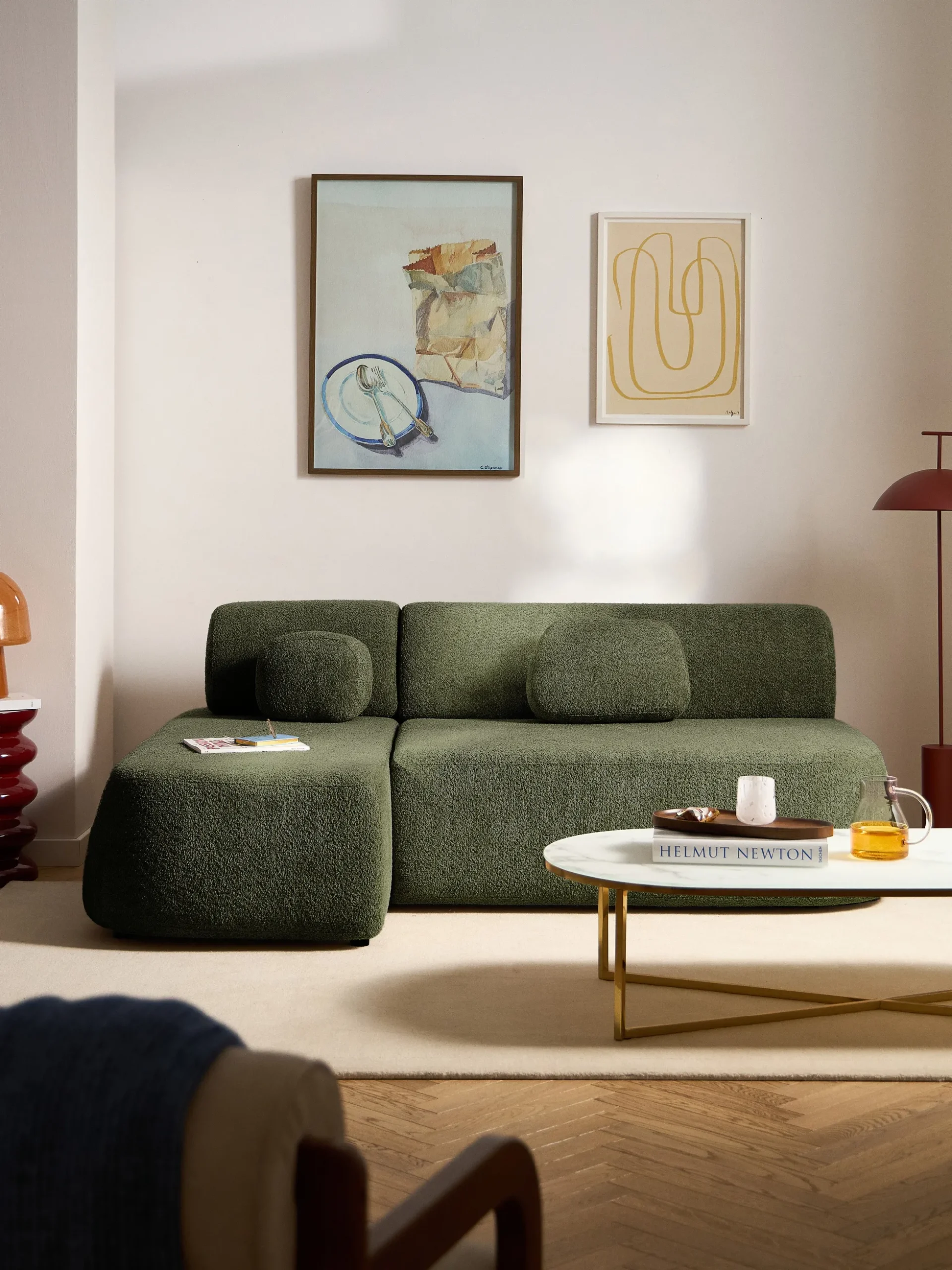 Divano angolare letto in teddy-bouclé con contenitore Pao