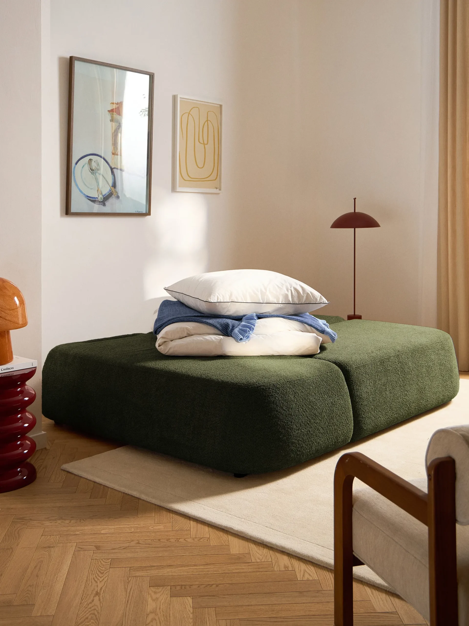 Divano angolare letto in teddy-bouclé con contenitore Pao