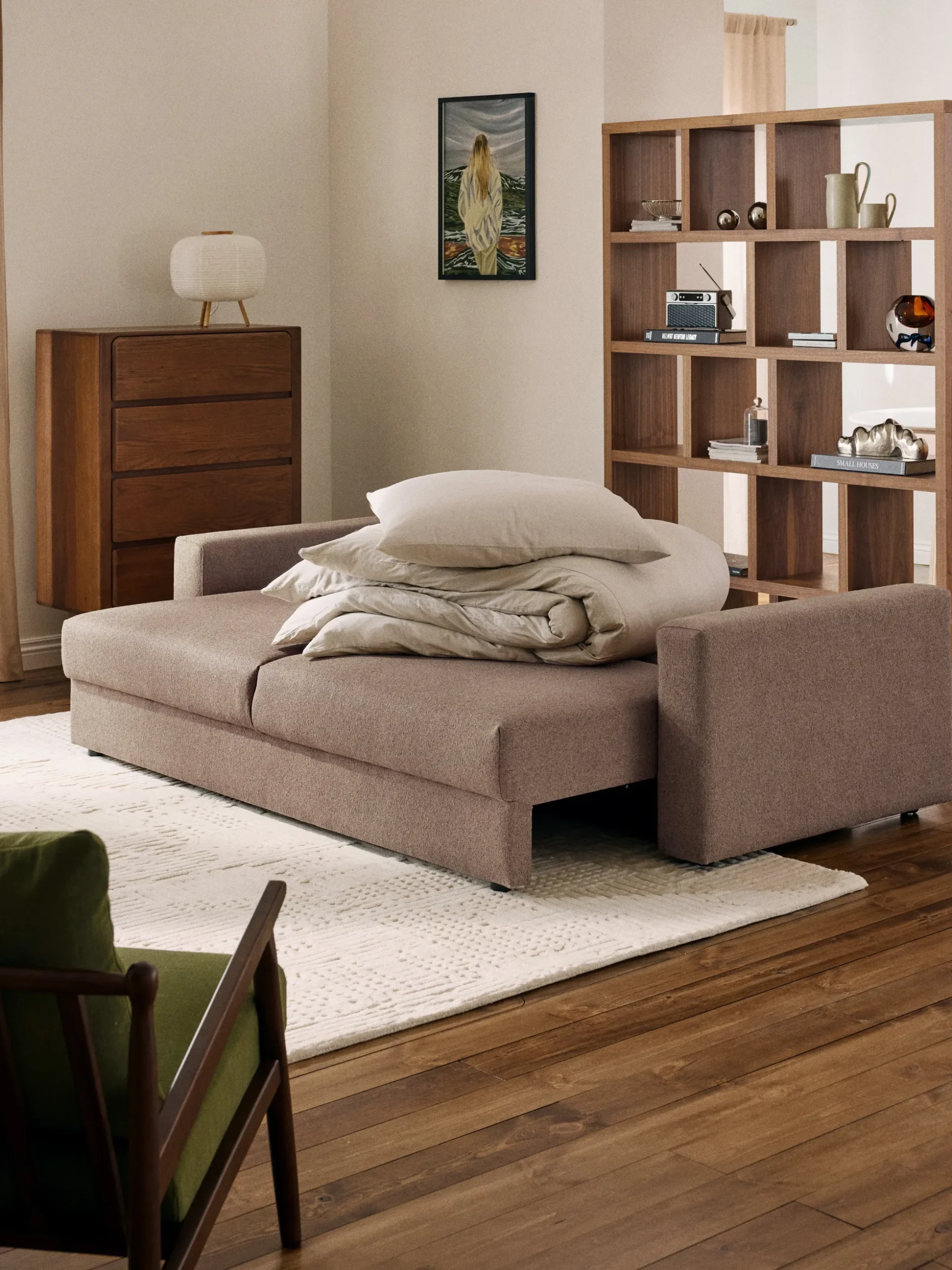 Divano letto 3 posti in bouclé con vano contenitore Tasha