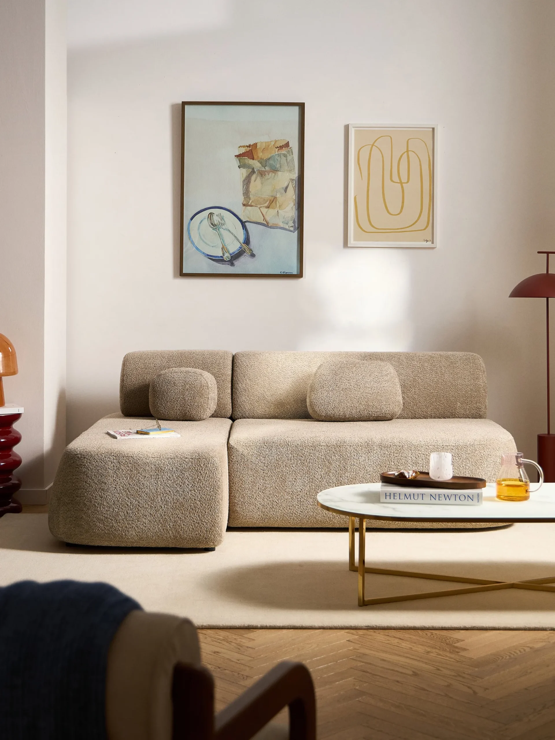 Divano letto angolare in teddy-bouclé con contenitore Pao