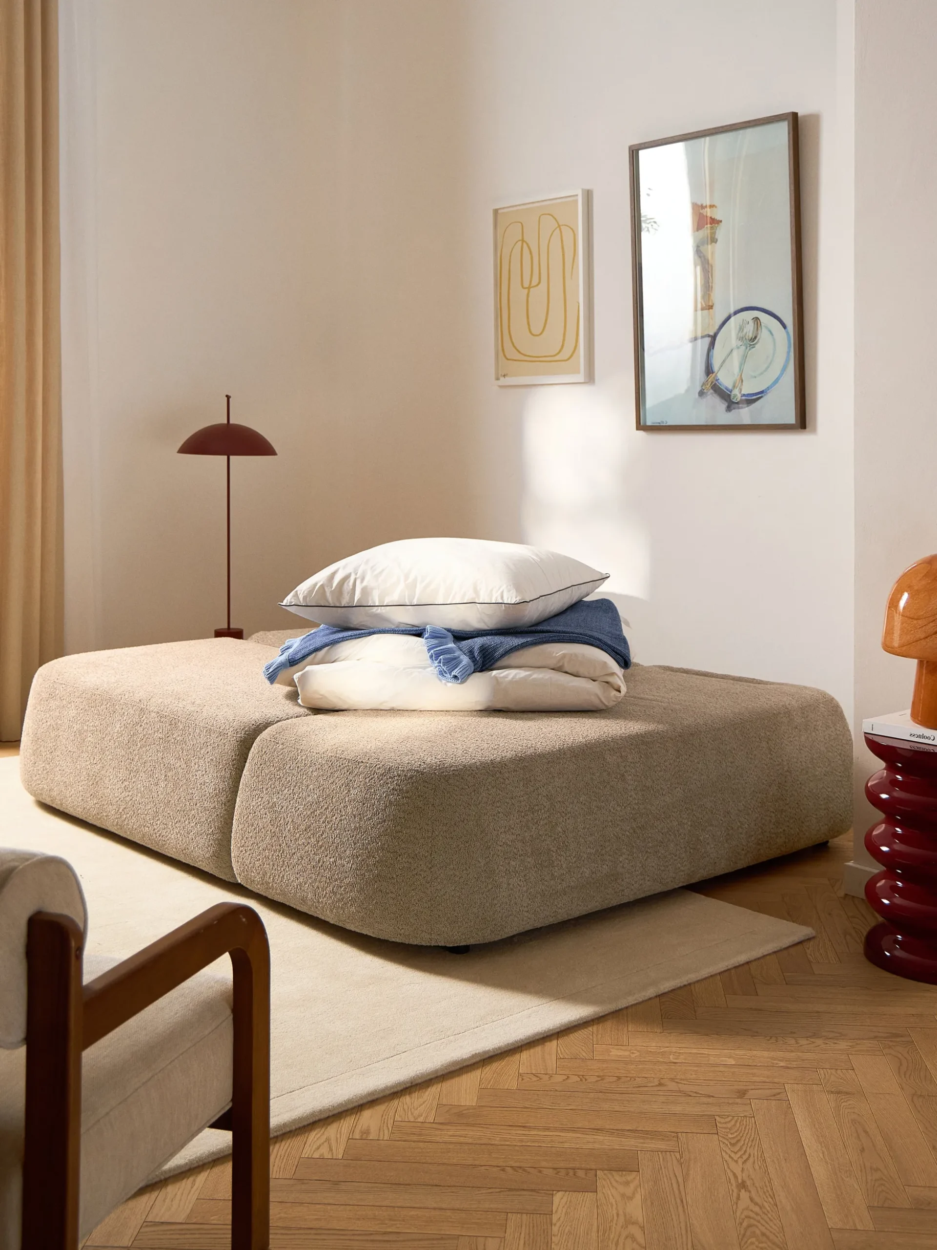 Divano letto angolare in teddy-bouclé con contenitore Pao