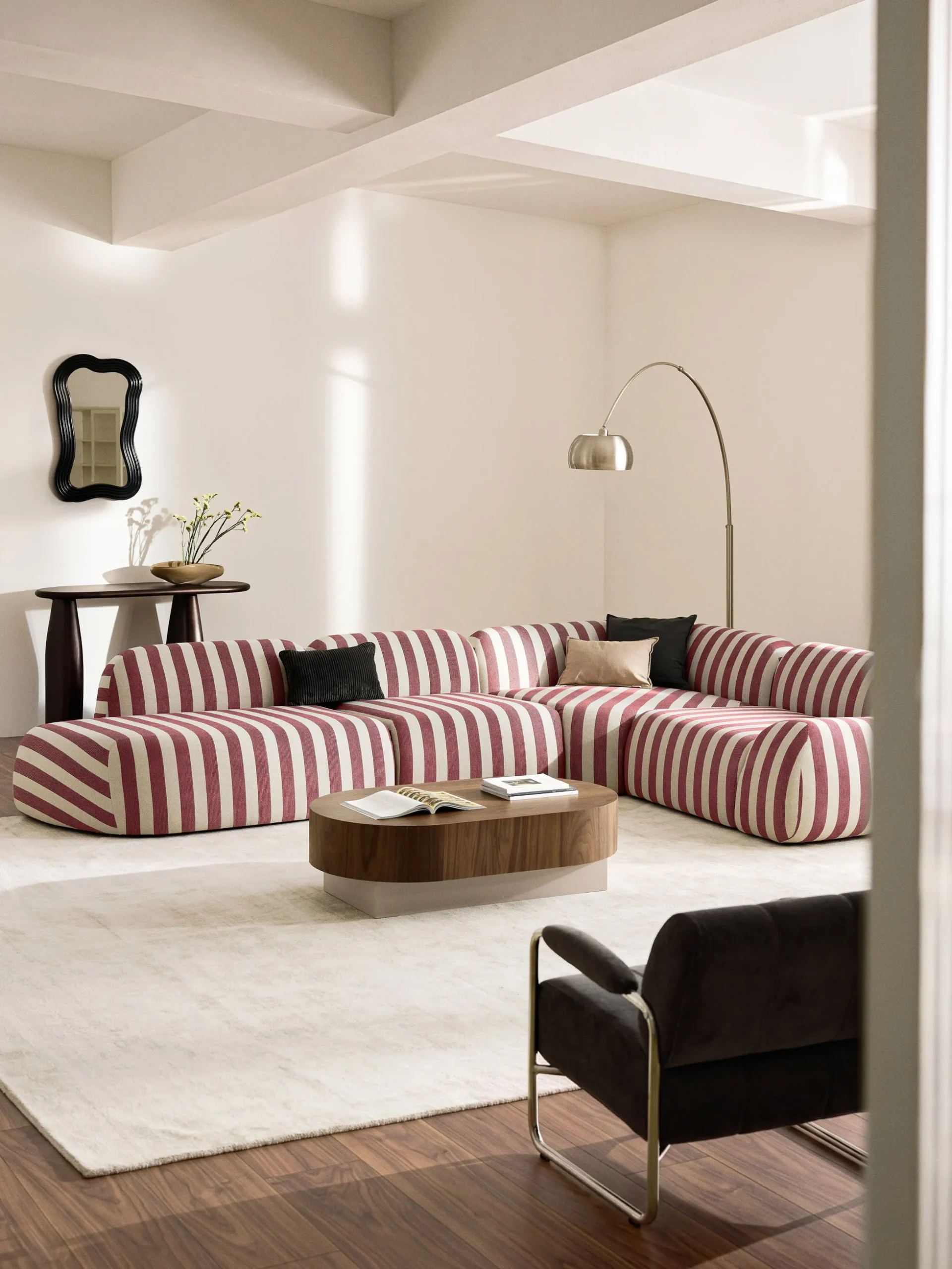 Divano angolare componibile XL a righe con chaise longue Wolke