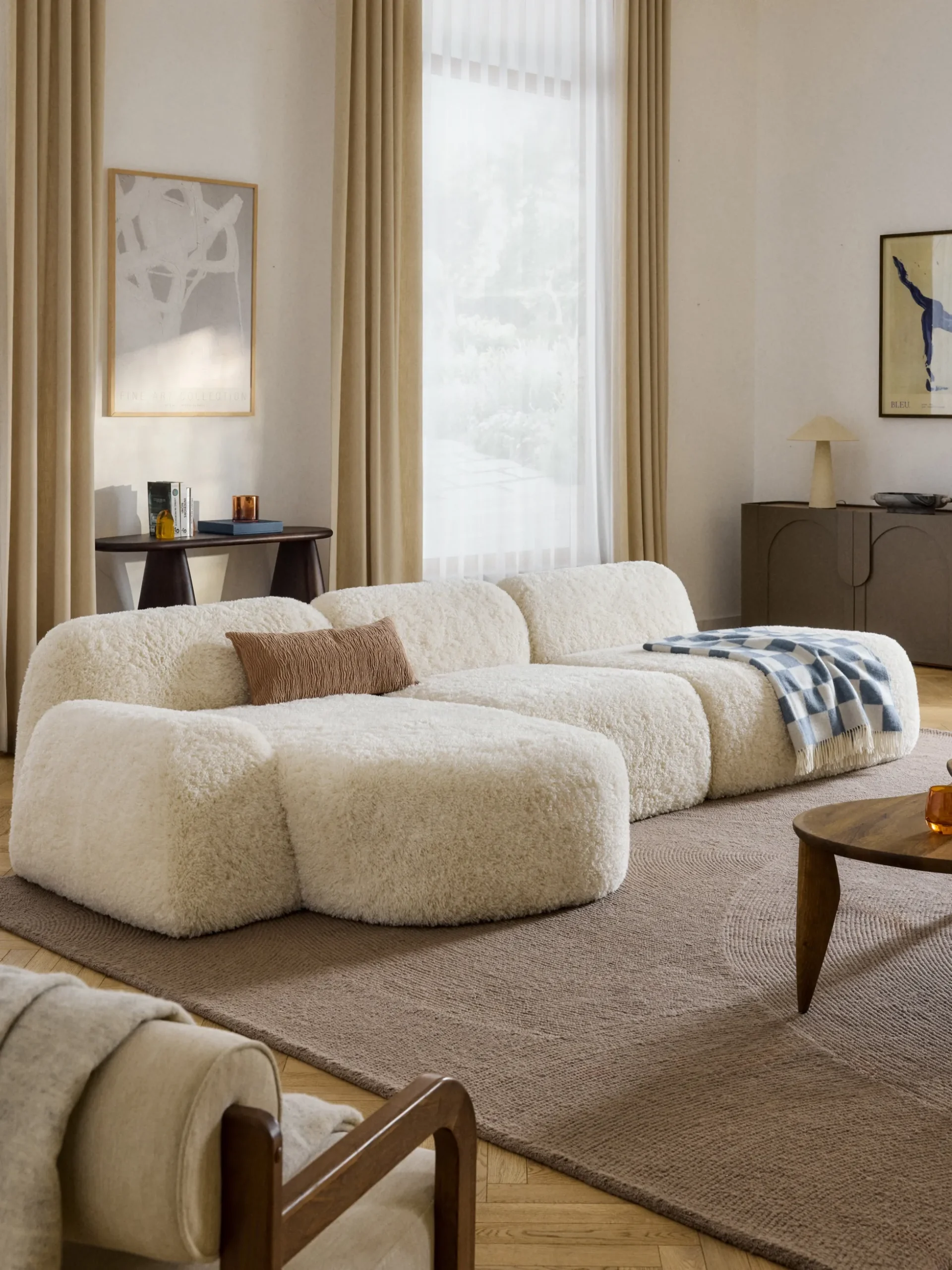 Divano angolare componibile 4 posti con chaise longue in teddy Wolke