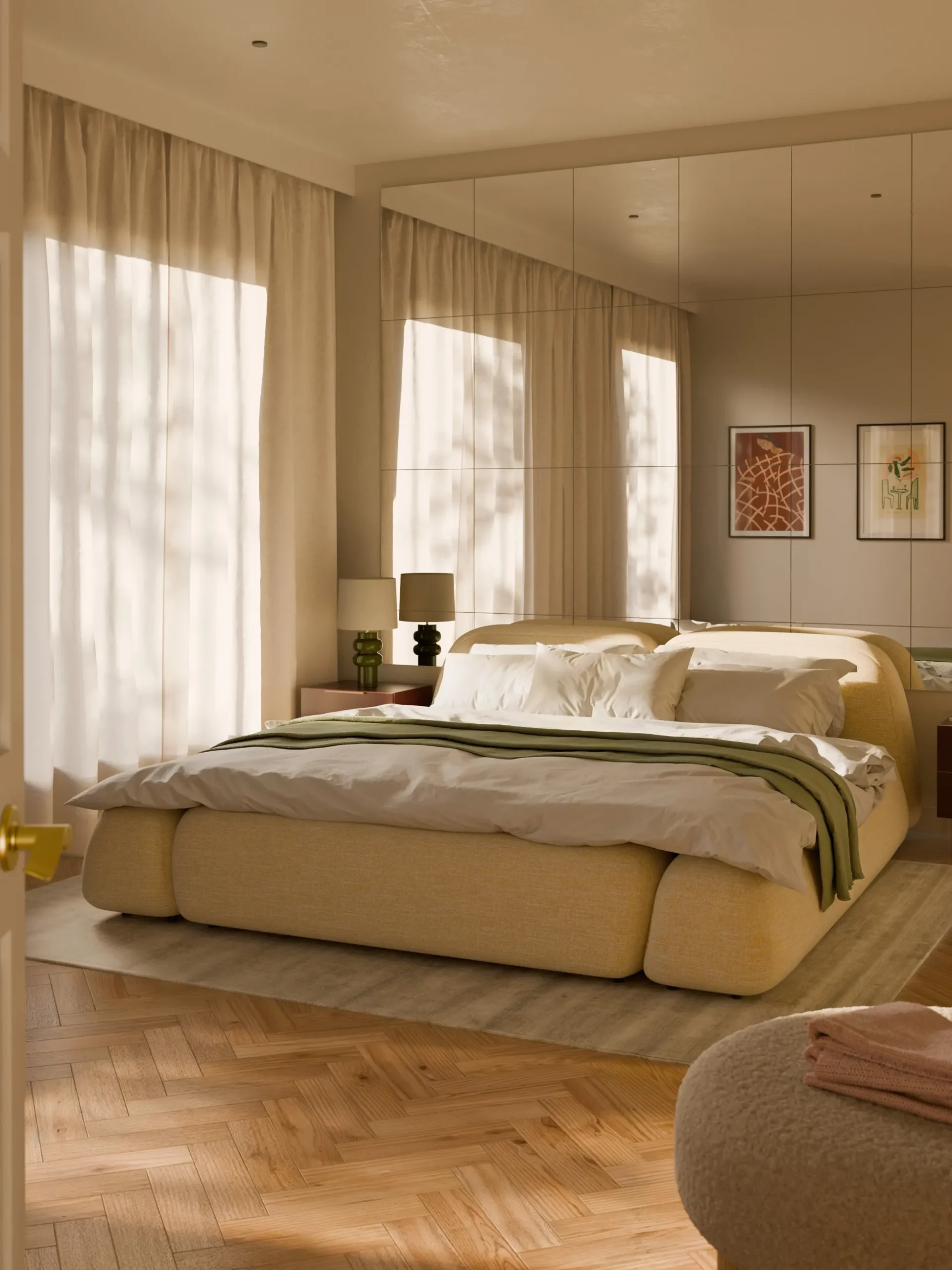 Letto imbottito in bouclé con contenitore Wolke