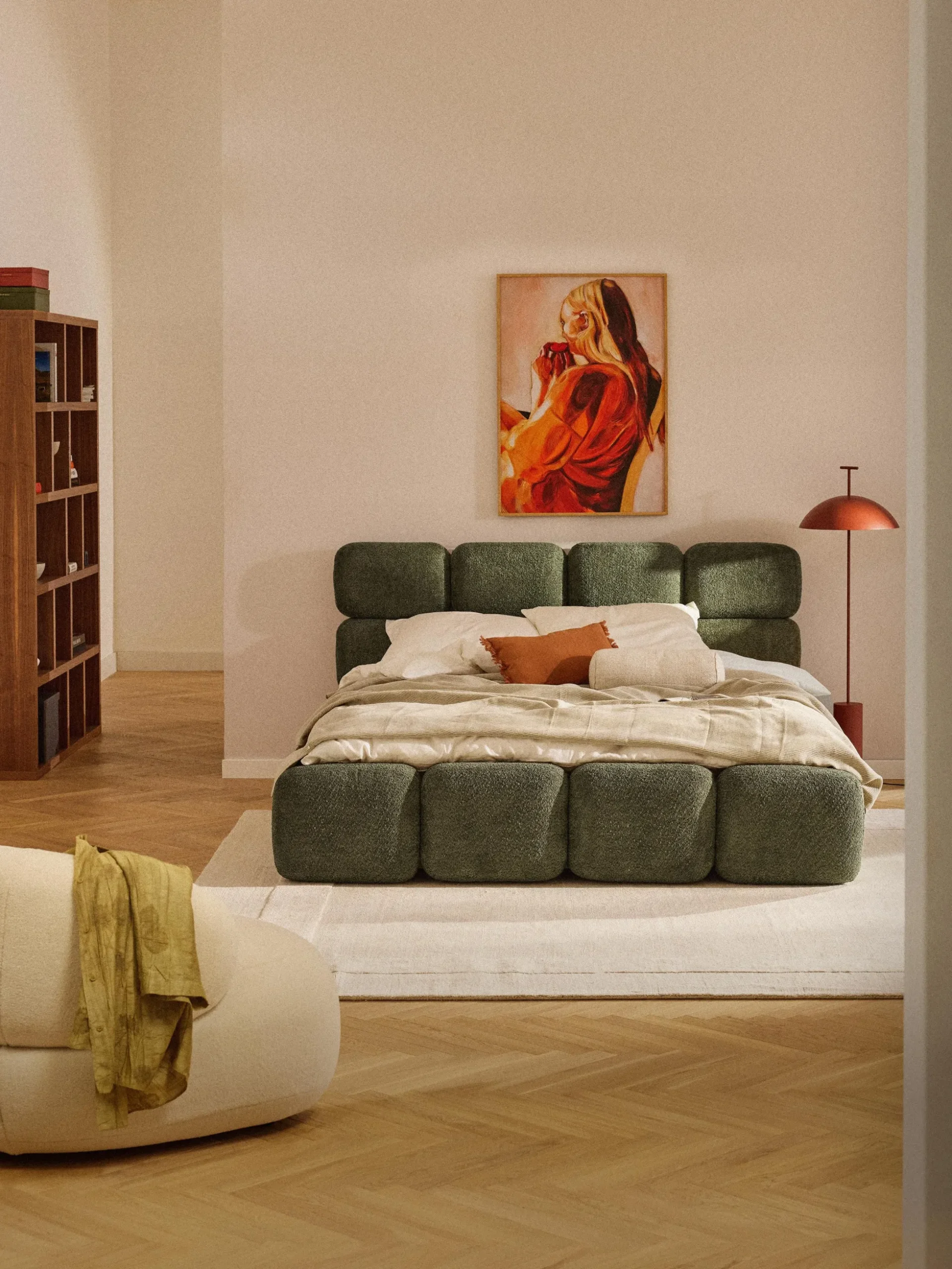 Letto imbottito in teddy bouclé con spazio contenitore aggiuntivo Tayla