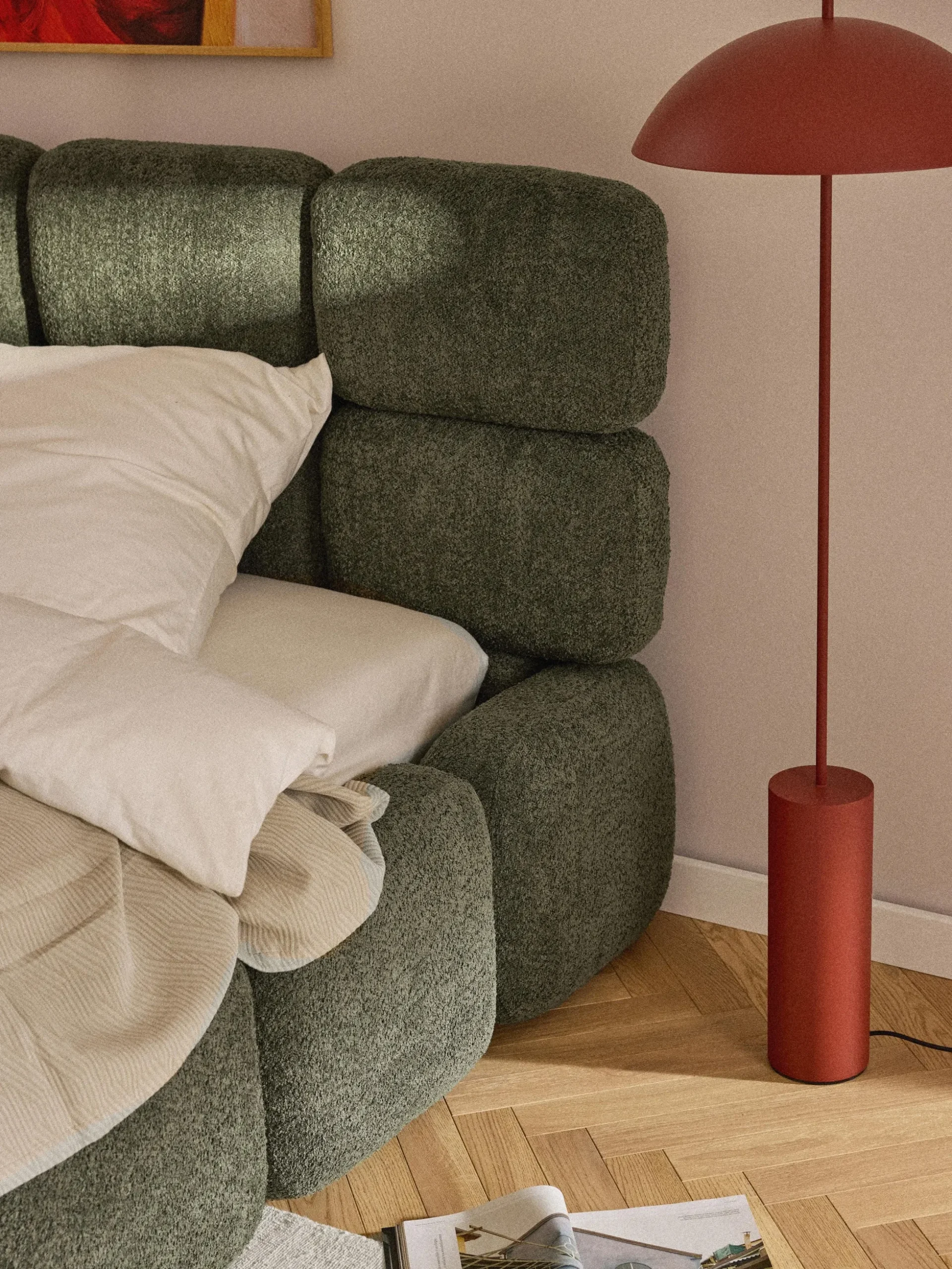 Letto imbottito in teddy bouclé con spazio contenitore aggiuntivo Tayla