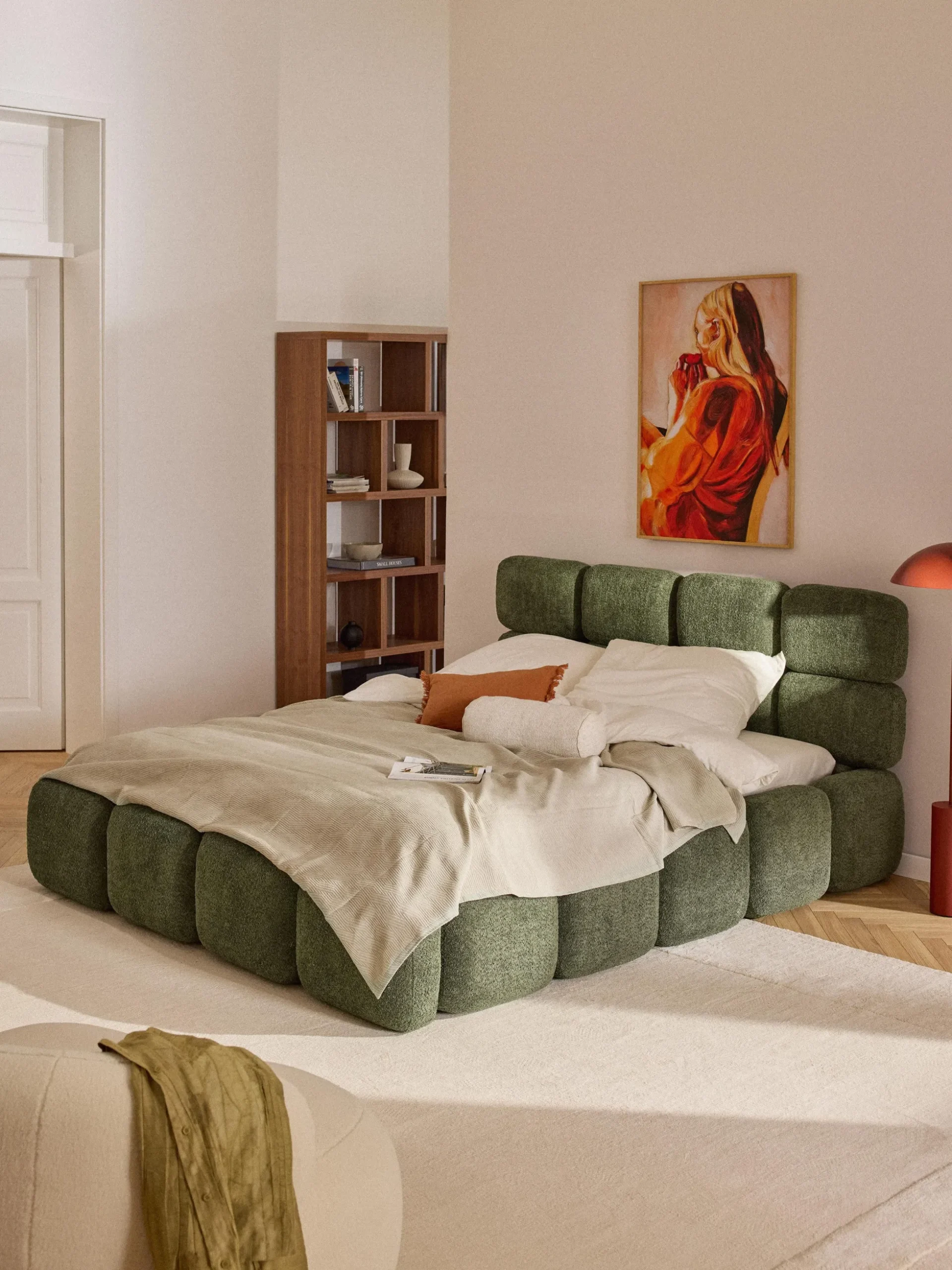 Letto imbottito in teddy bouclé con spazio contenitore aggiuntivo Tayla