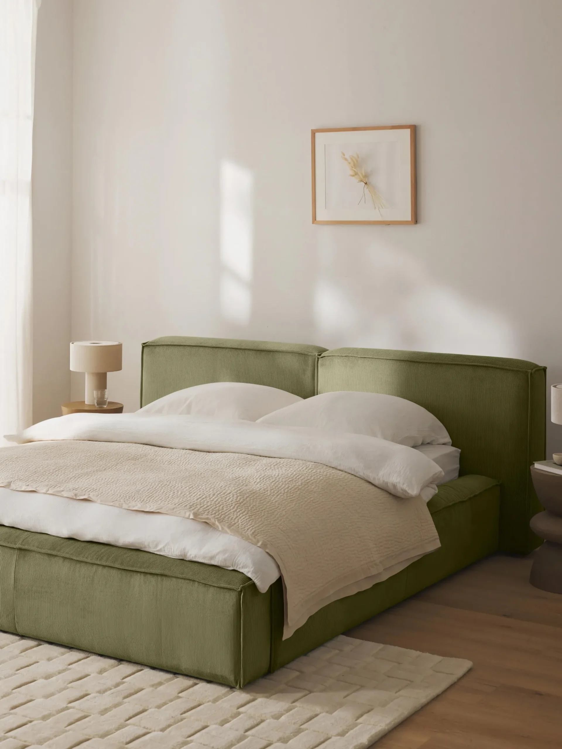 Letto imbottito in velluto a coste con contenitore Lennon