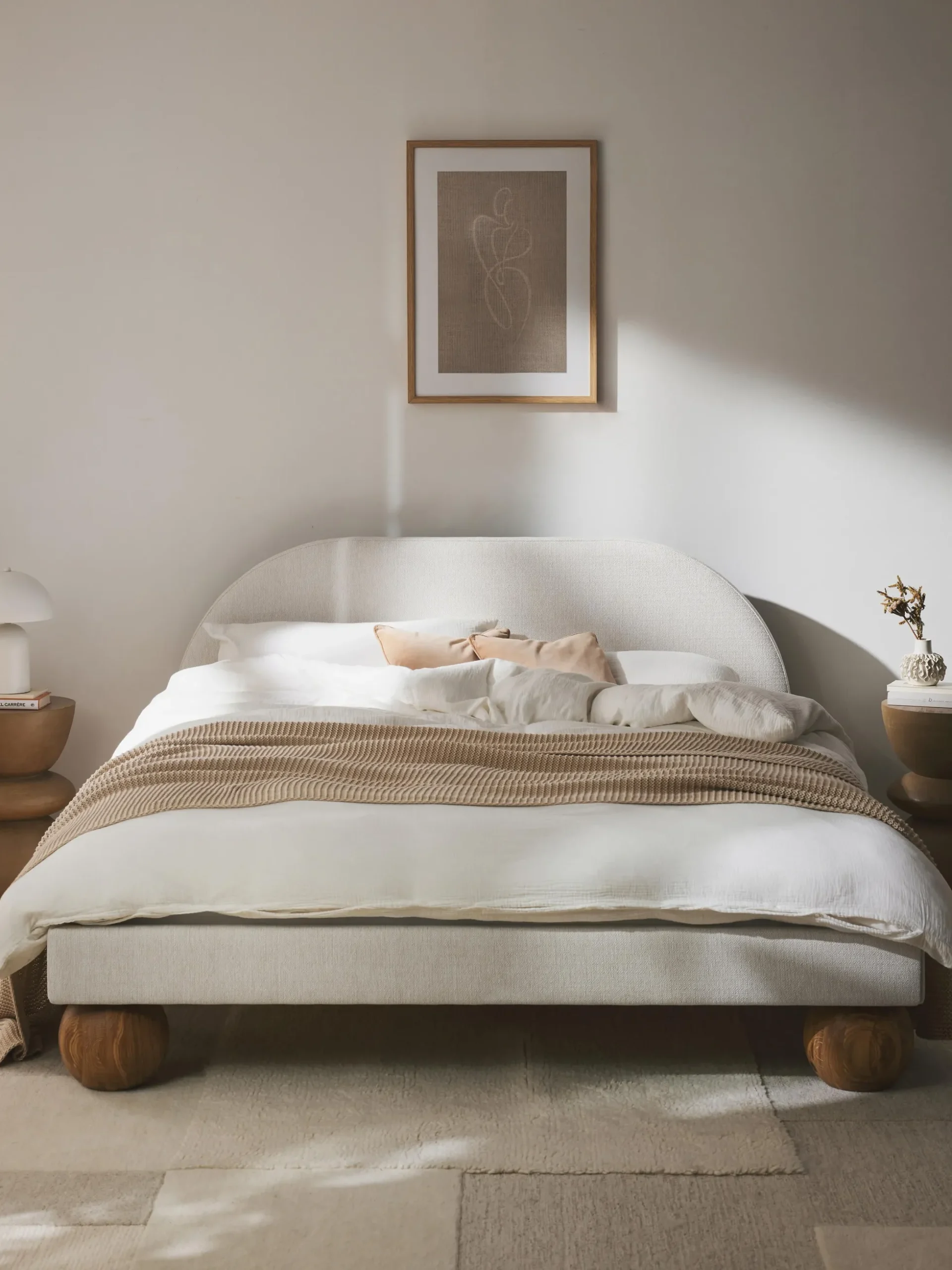 Letto imbottito con piedini rotondi in legno di quercia Rena