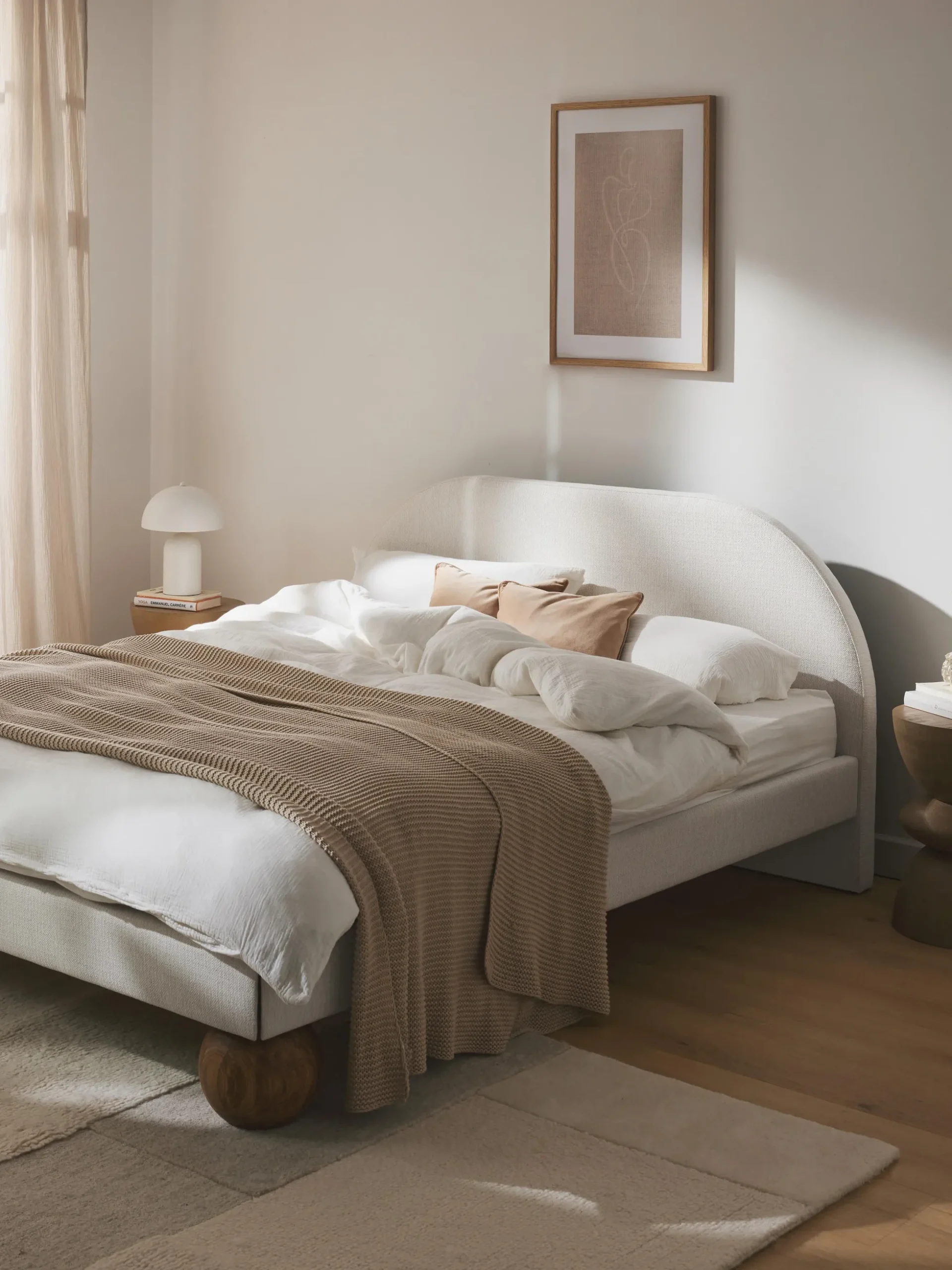 Letto imbottito con piedini rotondi in legno di quercia Rena