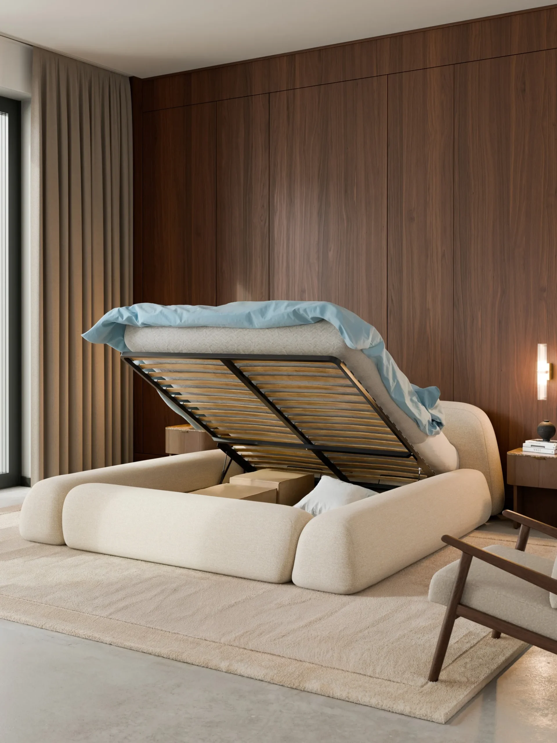 Letto imbottito in bouclé con contenitore Wolke