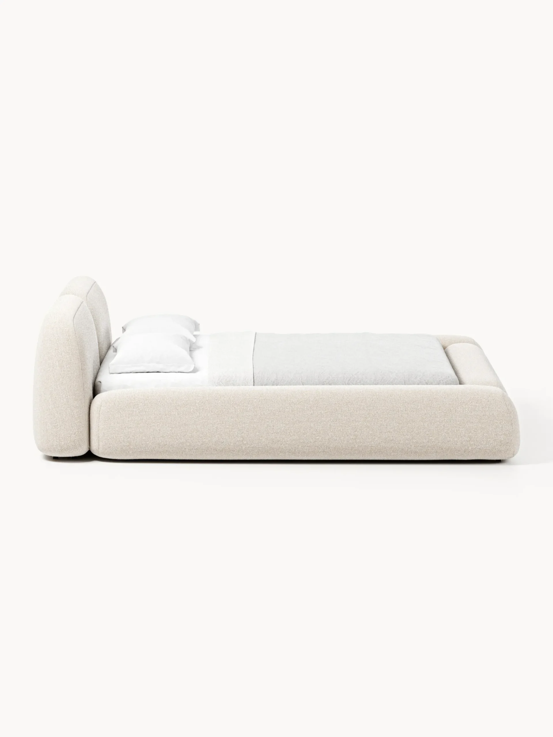 Letto imbottito in bouclé con contenitore Wolke