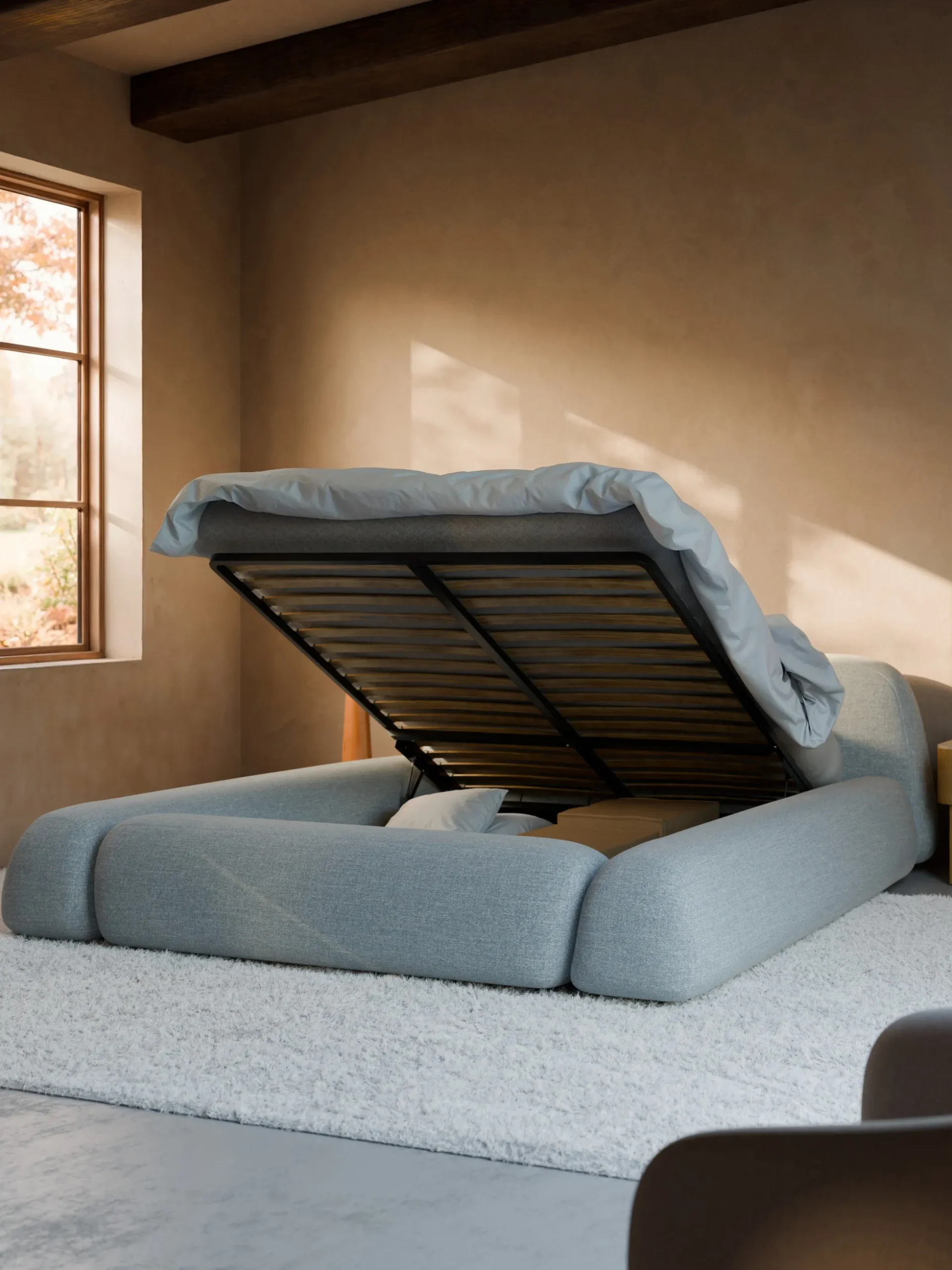 Letto imbottito in bouclé con contenitore Wolke