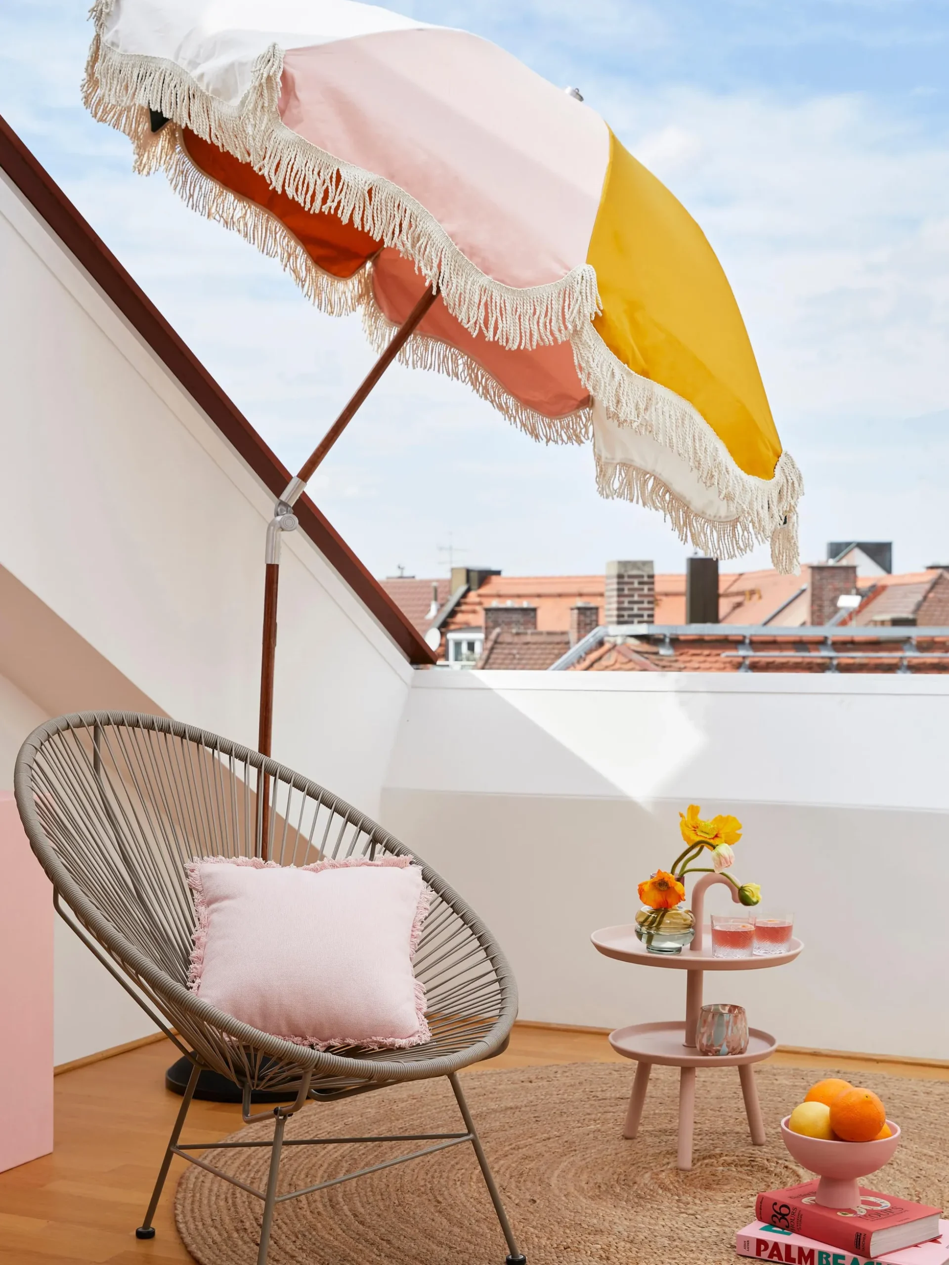 Ombrellone pieghevole con frange Retro, Ø 180 cm