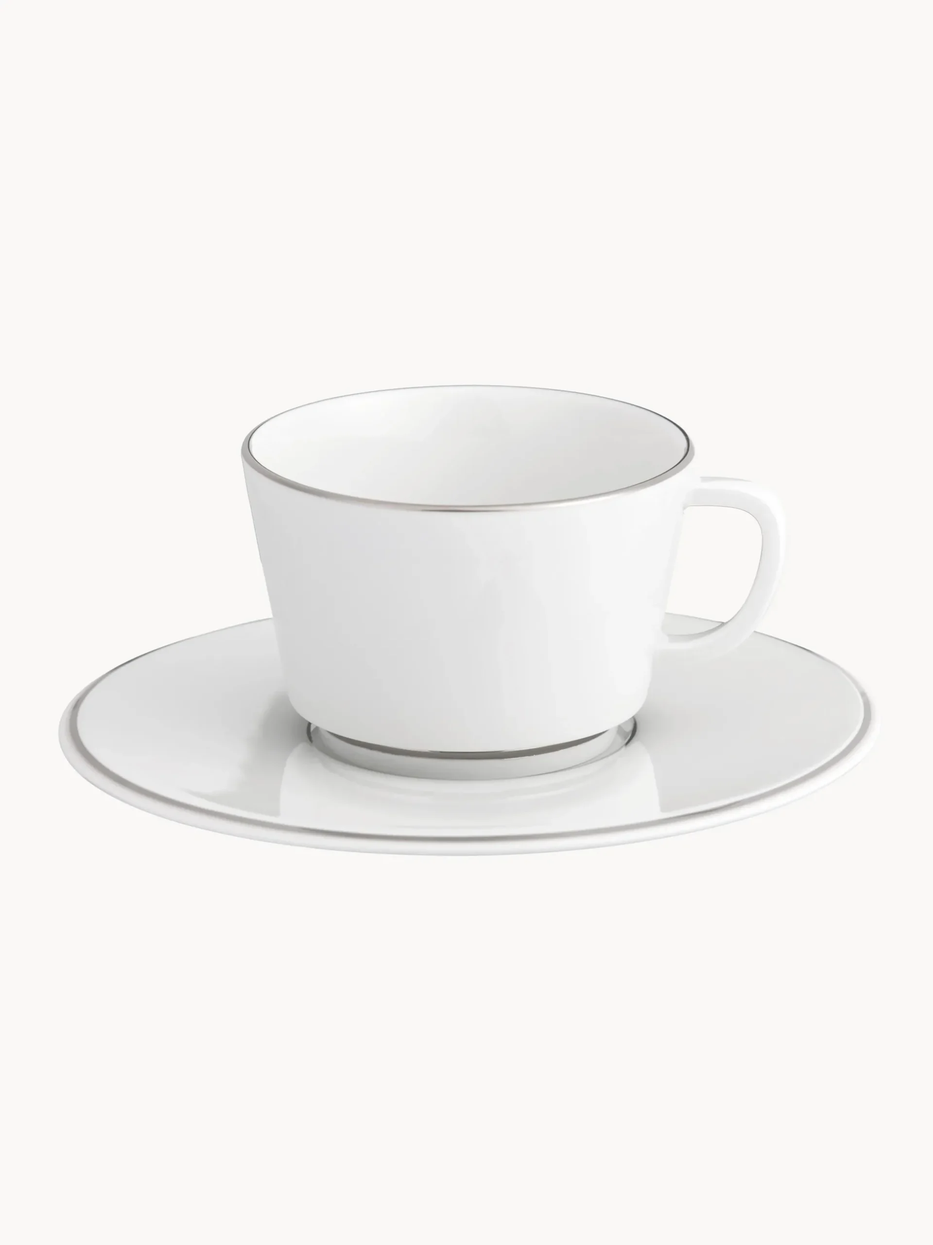Set di 2 tazzina da caffè in porcellana fatte a mano con piattini e bordo in platino dipinto a mano Vitruv 2 pz