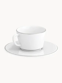 Set di 2 tazzina da caffè in porcellana fatte a mano con piattini e bordo in platino dipinto a mano Vitruv 2 pz
