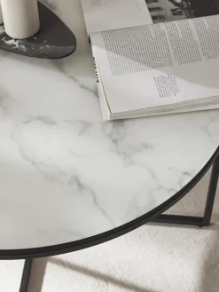 Tavolino rotondo da salotto con piano in vetro effetto marmo Antigua