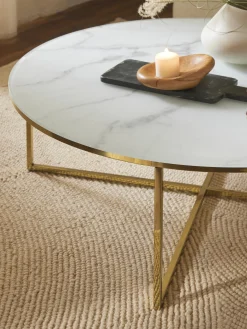 Tavolino rotondo XL da salotto con piano in vetro effetto marmo Antigua