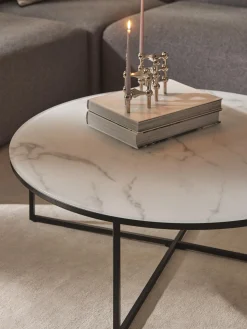Tavolino rotondo XL da salotto con piano in vetro effetto marmo Antigua
