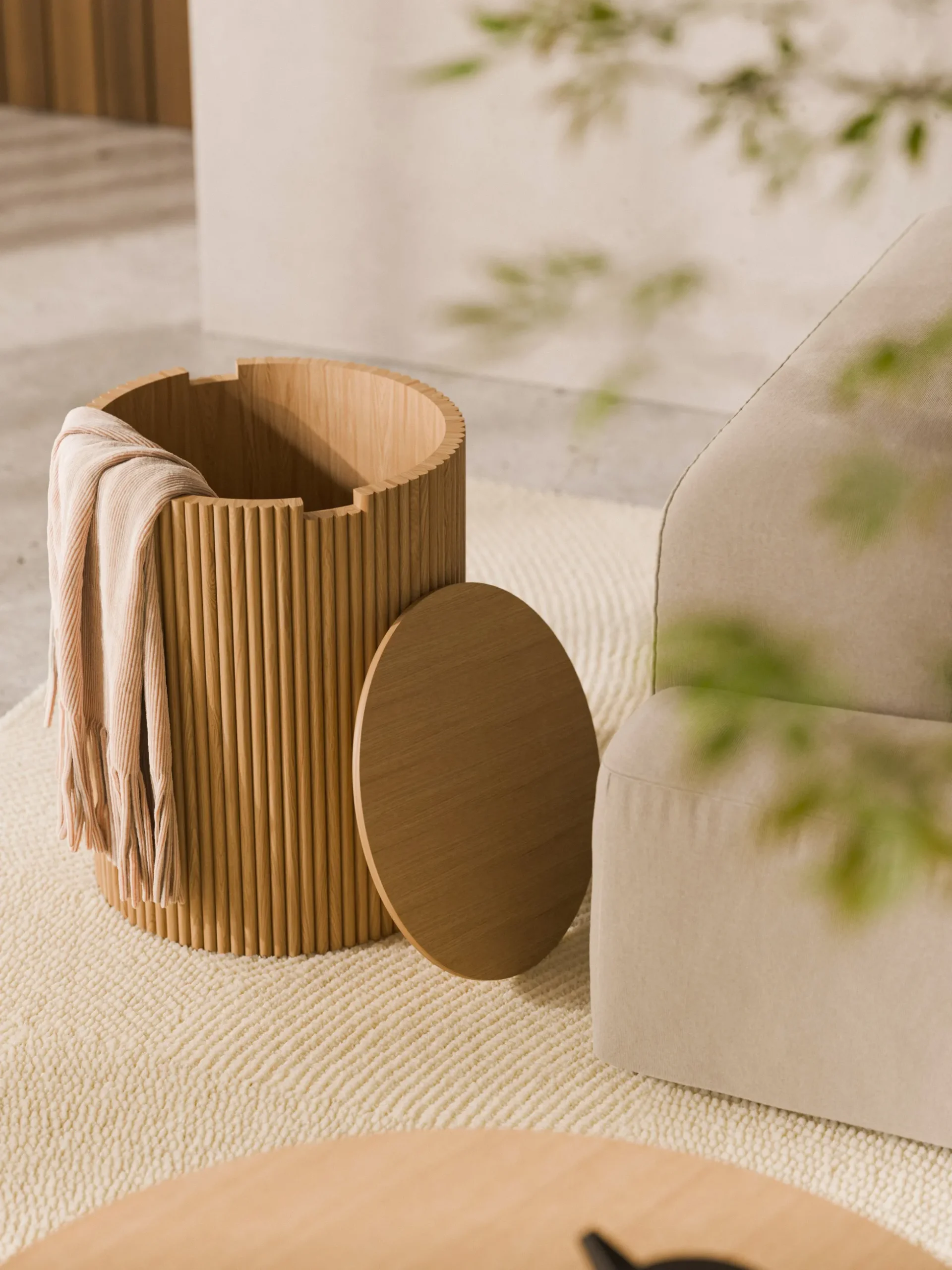 Tavolino contenitore rotondo in legno Nele
