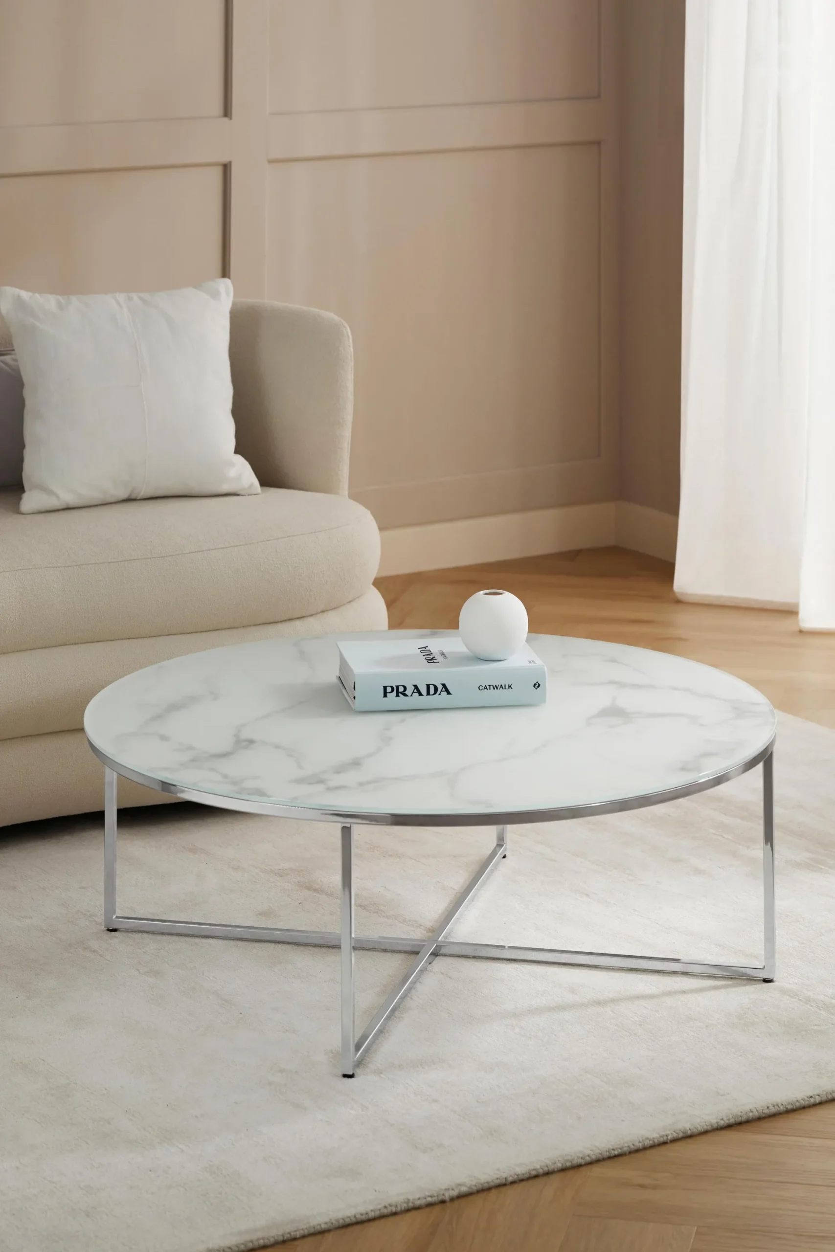 Tavolino rotondo XL da salotto con piano in vetro effetto marmo Antigua