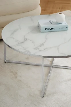 Tavolino rotondo XL da salotto con piano in vetro effetto marmo Antigua